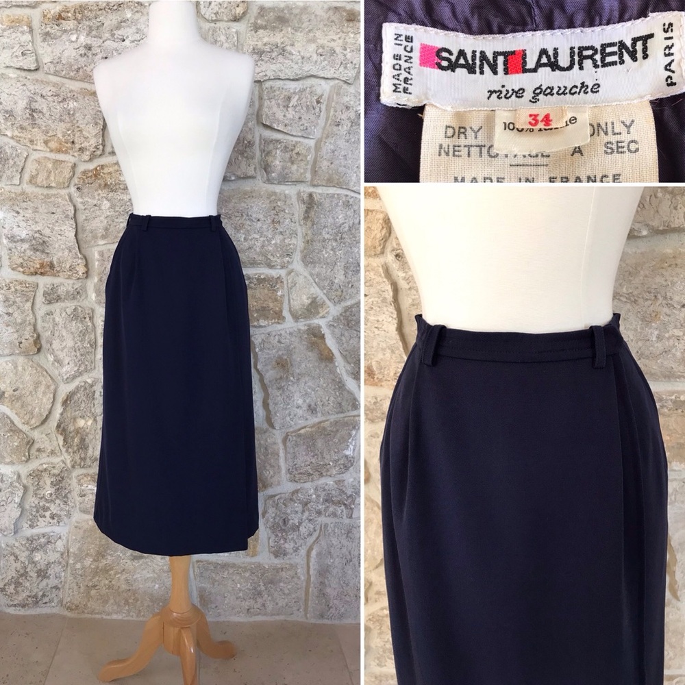 Vintage 1980s YSL Yves Saint Laurent Wool Wrap Front Skirt Classic Style Navy
